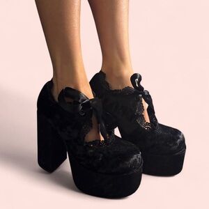 Widow Crushed Velvet Lace Trim Platform Mary Janes